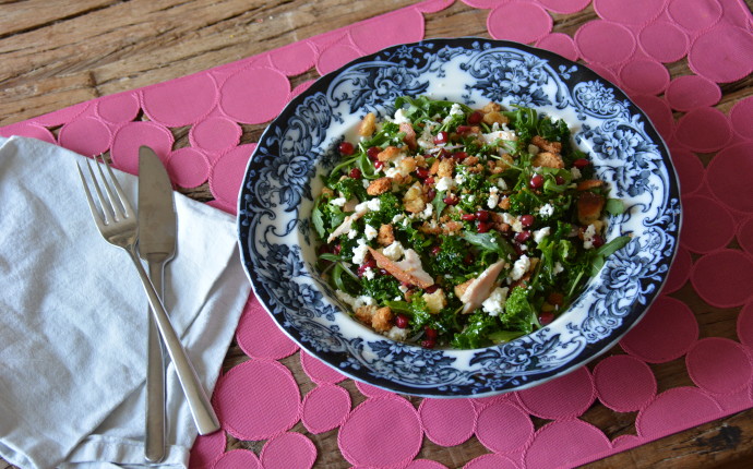 Kale, Arugula + Roast Chicken Salad with Pomegranate Seeds